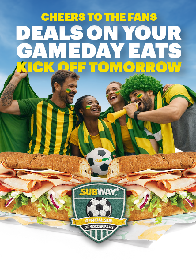 Promotional Subway® email promoting deals dropping in the app on June 11th. Headline text reads “Cheers to the fans. Deals on your gameday eats kick off tomorrow.” Below are images of sandwiches and an offer, including a $6.99 footlong promoting guests to get these deals tomorrow. Additional text includes “Going live tomorrow” & “Soccer is on. Time for a sub”. The bottom section shows a mobile phone displaying the Subway app with “Sub Club” rewards and a button labeled “Order Now.”