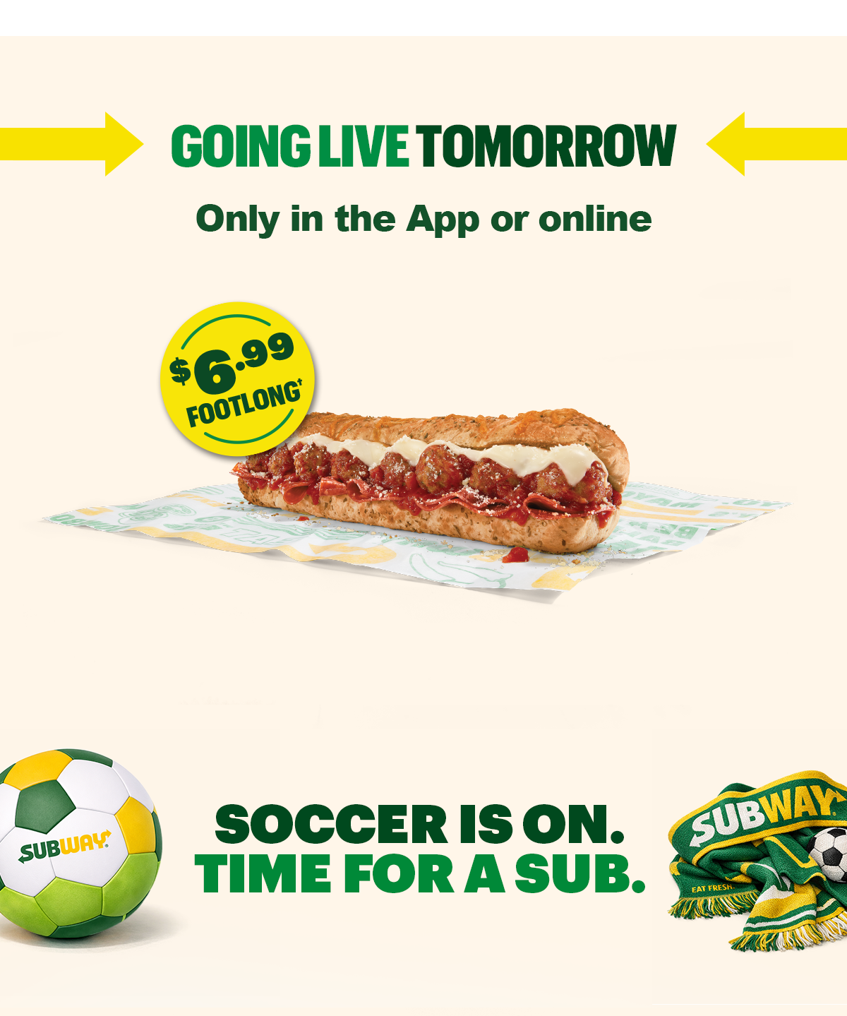 Promotional Subway® email promoting deals dropping in the app on June 11th. Headline text reads “Cheers to the fans. Deals on your gameday eats kick off tomorrow.” Below are images of sandwiches and an offer, including a $6.99 footlong promoting guests to get these deals tomorrow. Additional text includes “Going live tomorrow” & “Soccer is on. Time for a sub”. The bottom section shows a mobile phone displaying the Subway app with “Sub Club” rewards and a button labeled “Order Now.”