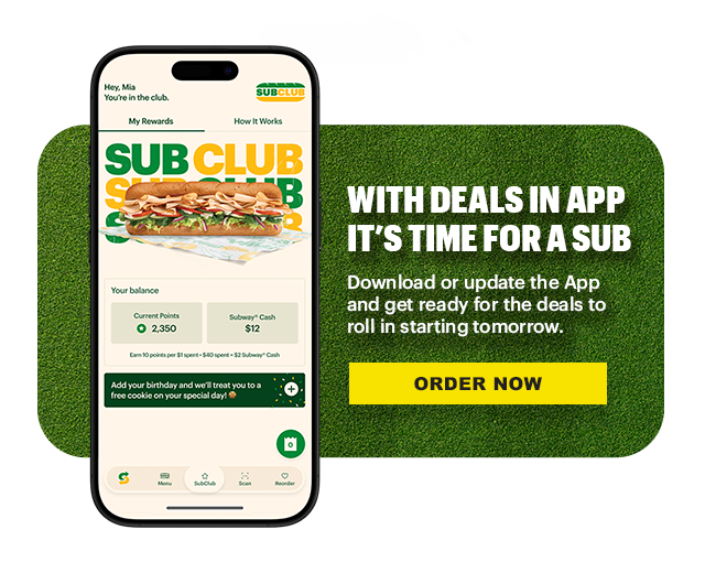 Promotional Subway® email promoting deals dropping in the app on June 11th. Headline text reads “Cheers to the fans. Deals on your gameday eats kick off tomorrow.” Below are images of sandwiches and an offer, including a $6.99 footlong promoting guests to get these deals tomorrow. Additional text includes “Going live tomorrow” & “Soccer is on. Time for a sub”. The bottom section shows a mobile phone displaying the Subway app with “Sub Club” rewards and a button labeled “Order Now.”