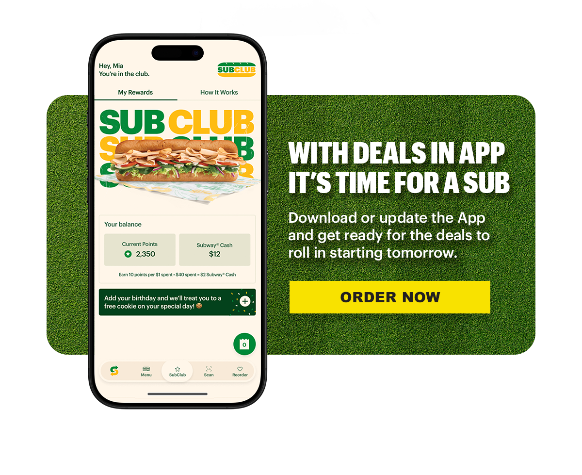 Promotional Subway® email promoting deals dropping in the app on June 11th. Headline text reads “Cheers to the fans. Deals on your gameday eats kick off tomorrow.” Below are images of sandwiches and an offer, including a $6.99 footlong promoting guests to get these deals tomorrow. Additional text includes “Going live tomorrow” & “Soccer is on. Time for a sub”. The bottom section shows a mobile phone displaying the Subway app with “Sub Club” rewards and a button labeled “Order Now.”