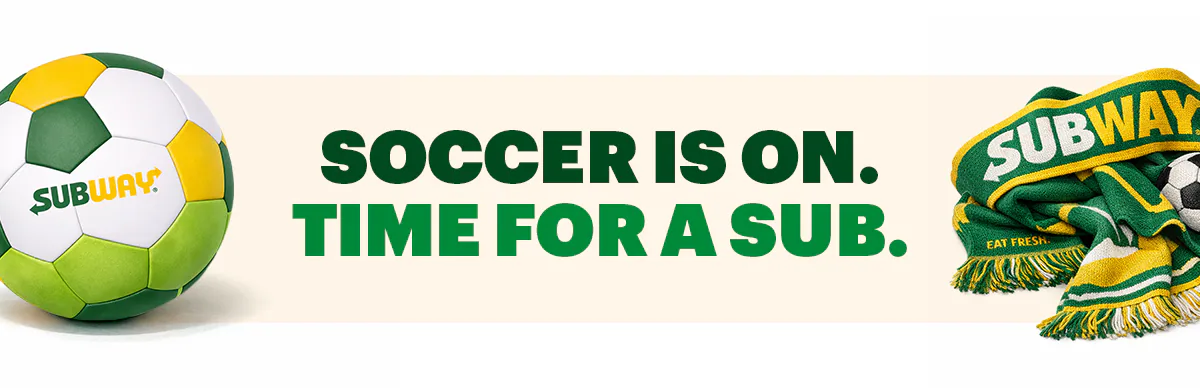 Subway® promotional email highlighting gametime eats in the App or online. Headline text reads “Summer of Soccer App-Exclusives”. Below higlights a $6.99 Footlong deal. Additional text encourages checking the app for deals with “Soccer is on. Time for a sub.” The email finishes with a section reminding guests that when USA wins, so do they with 40% Off a Footlong.