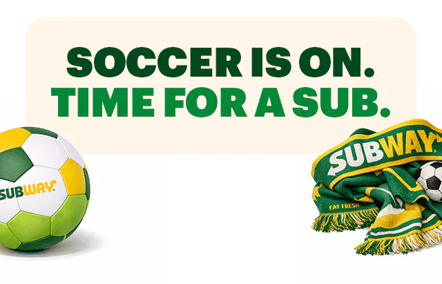 Subway® promotional email highlighting gametime eats in the App or online. Headline text reads “Summer of Soccer App-Exclusives”. Below higlights a $6.99 Footlong deal. Additional text encourages checking the app for deals with “Soccer is on. Time for a sub.” The email finishes with a section reminding guests that when USA wins, so do they with 40% Off a Footlong.