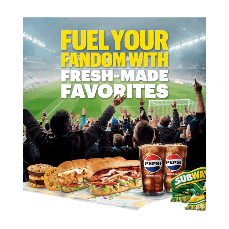 Promotional email for Subway® soccer-themed offers. Headline reads “Fuel your fandom with fresh-made favorites.” Text includes “Time for a sub” and a “Plan my party” button. An additional section promotes a limited-time deal, including a $6.99 footlong. Imagery shows subs, Lay’s chips, Pepsi beverages, and a group setting. A catering section highlights options for larger groups with assorted drinks and sandwiches, with call-to-action buttons including “Order now” and “Feed my squad.”