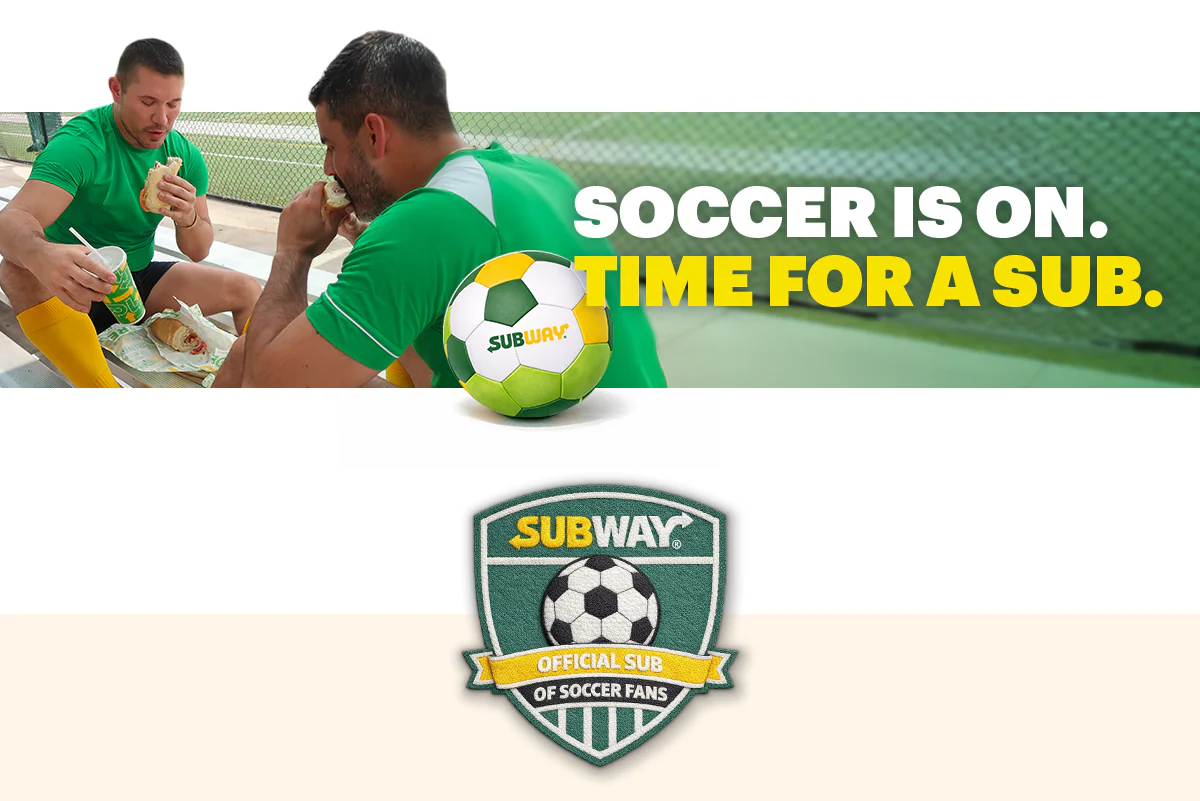 Promotional email for Subway® soccer-themed offers. Headline reads “Fuel your fandom with fresh-made favorites.” Text includes “Time for a sub” and a “Plan my party” button. An additional section promotes a limited-time deal, including a $6.99 footlong. Imagery shows subs, Lay’s chips, Pepsi beverages, and a group setting. A catering section highlights options for larger groups with assorted drinks and sandwiches, with call-to-action buttons including “Order now” and “Feed my squad.”