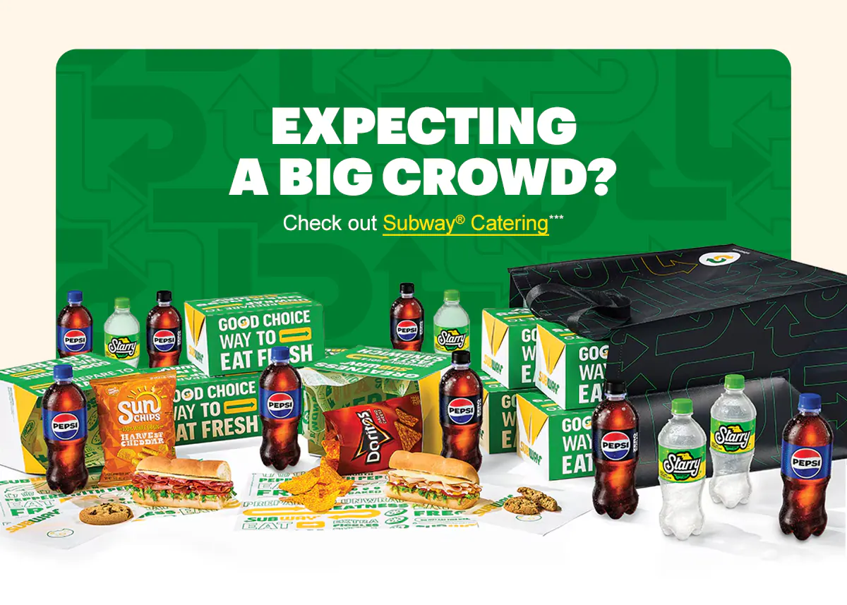 Promotional email for Subway® soccer-themed offers. Headline reads “Fuel your fandom with fresh-made favorites.” Text includes “Time for a sub” and a “Plan my party” button. An additional section promotes a limited-time deal, including a $6.99 footlong. Imagery shows subs, Lay’s chips, Pepsi beverages, and a group setting. A catering section highlights options for larger groups with assorted drinks and sandwiches, with call-to-action buttons including “Order now” and “Feed my squad.”