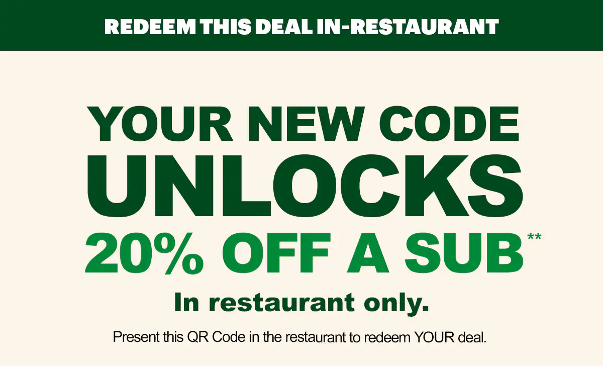 Promotional Subway® email showing an in‑restaurant offer for twenty percent off a sub**. A QR code labeled ‘scan’ appears in the center, with images of three subs below. Text notes the deal is available in restaurant only and requires scanning the QR code to redeem.