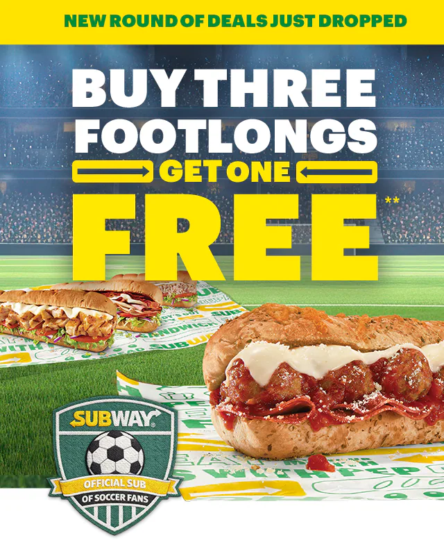 Promotional Subway® email promoting new deals now available in your App. Top banner reads “New round of deals just dropped.” Large headline in bold yellow and white text reads “Buy three footlongs, get one free.” Image shows multiple footlong subs on Subway-branded wrapper. Below, smaller text explains a weekly select offer and references a “buy 3 get 1 footlong free” deal, followed by a yellow button labeled “Order in app.” Next section reads “Watch out for more deals in the app” and highlights menu items labeled “The Favorite” with a $7.99 price and “The Double Play.” Bottom section features a green background with two people sitting and holding subs, alongside a smartphone displaying the Subway® app. Text reads “Soccer is on, time for a sub,” “Sub Club,” and “Check the app for new deals,” with a button labeled “See new deals.”