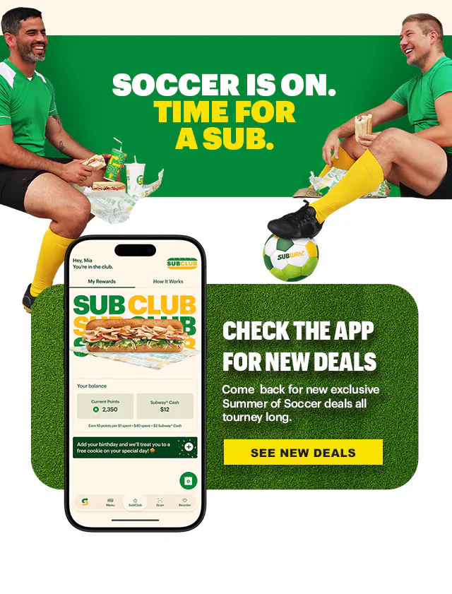 Promotional Subway® email promoting new deals now available in your App. Top banner reads “New round of deals just dropped.” Large headline in bold yellow and white text reads “Buy three footlongs, get one free.” Image shows multiple footlong subs on Subway-branded wrapper. Below, smaller text explains a weekly select offer and references a “buy 3 get 1 footlong free” deal, followed by a yellow button labeled “Order in app.” Next section reads “Watch out for more deals in the app” and highlights menu items labeled “The Favorite” with a $7.99 price and “The Double Play.” Bottom section features a green background with two people sitting and holding subs, alongside a smartphone displaying the Subway® app. Text reads “Soccer is on, time for a sub,” “Sub Club,” and “Check the app for new deals,” with a button labeled “See new deals.”