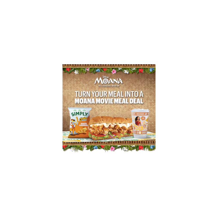 Sub Club promotional email for a Disney Moana movie meal deal showing a Subway Footlong, a bag of Simply Cheetos Puffs White Cheddar, and a themed drink cup on a table in front of a woven basket textured background. Text reads “Turn your meal into a Moana Movie Meal deal”. The offer includes a $15 Fandango promo code and a collectible cup with purchase. Additional image shows five different Moana-themed cups featuring character designs and the message “Which cup will you get?” Buttons read “Order a meal” and “Order now.”