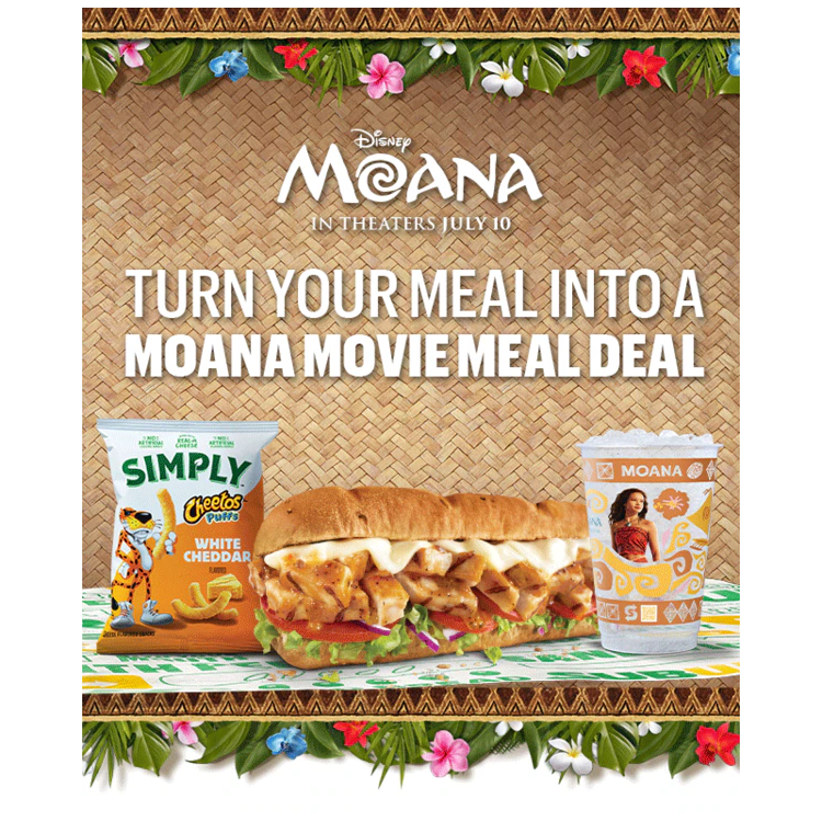 Sub Club promotional email for a Disney Moana movie meal deal showing a Subway Footlong, a bag of Simply Cheetos Puffs White Cheddar, and a themed drink cup on a table in front of a woven basket textured background. Text reads “Turn your meal into a Moana Movie Meal deal”. The offer includes a $15 Fandango promo code and a collectible cup with purchase. Additional image shows five different Moana-themed cups featuring character designs and the message “Which cup will you get?” Buttons read “Order a meal” and “Order now.”