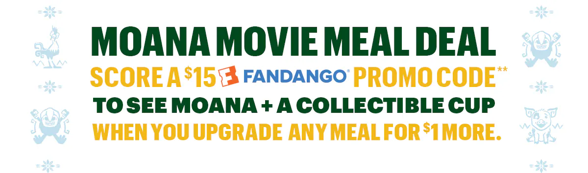 Sub Club promotional email for a Disney Moana movie meal deal showing a Subway Footlong, a bag of Simply Cheetos Puffs White Cheddar, and a themed drink cup on a table in front of a woven basket textured background. Text reads “Turn your meal into a Moana Movie Meal deal”. The offer includes a $15 Fandango promo code and a collectible cup with purchase. Additional image shows five different Moana-themed cups featuring character designs and the message “Which cup will you get?” Buttons read “Order a meal” and “Order now.”