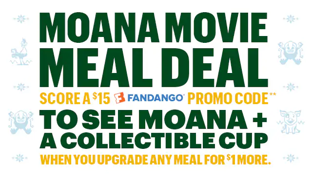 Sub Club promotional email for a Disney Moana movie meal deal showing a Subway Footlong, a bag of Simply Cheetos Puffs White Cheddar, and a themed drink cup on a table in front of a woven basket textured background. Text reads “Turn your meal into a Moana Movie Meal deal”. The offer includes a $15 Fandango promo code and a collectible cup with purchase. Additional image shows five different Moana-themed cups featuring character designs and the message “Which cup will you get?” Buttons read “Order a meal” and “Order now.”