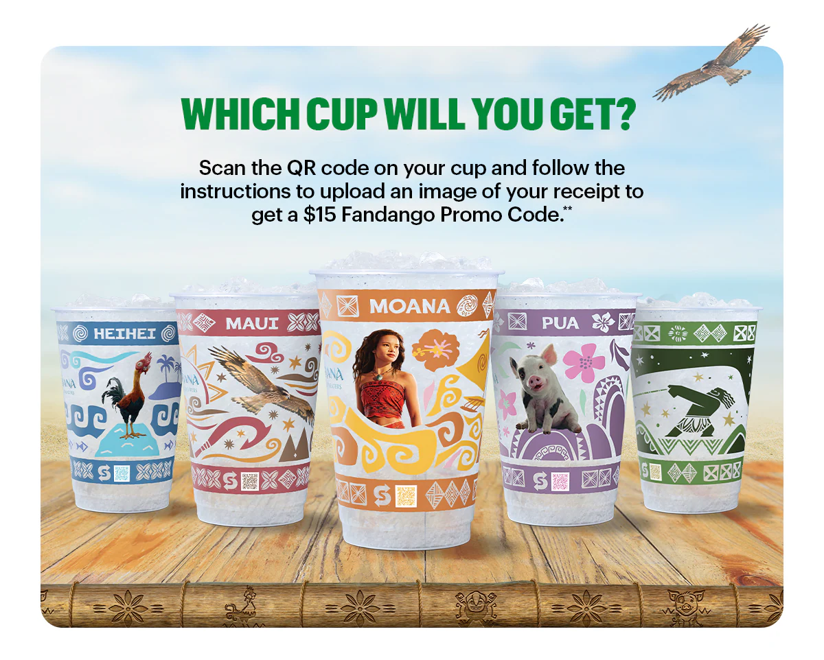 Sub Club promotional email for a Disney Moana movie meal deal showing a Subway Footlong, a bag of Simply Cheetos Puffs White Cheddar, and a themed drink cup on a table in front of a woven basket textured background. Text reads “Turn your meal into a Moana Movie Meal deal”. The offer includes a $15 Fandango promo code and a collectible cup with purchase. Additional image shows five different Moana-themed cups featuring character designs and the message “Which cup will you get?” Buttons read “Order a meal” and “Order now.”