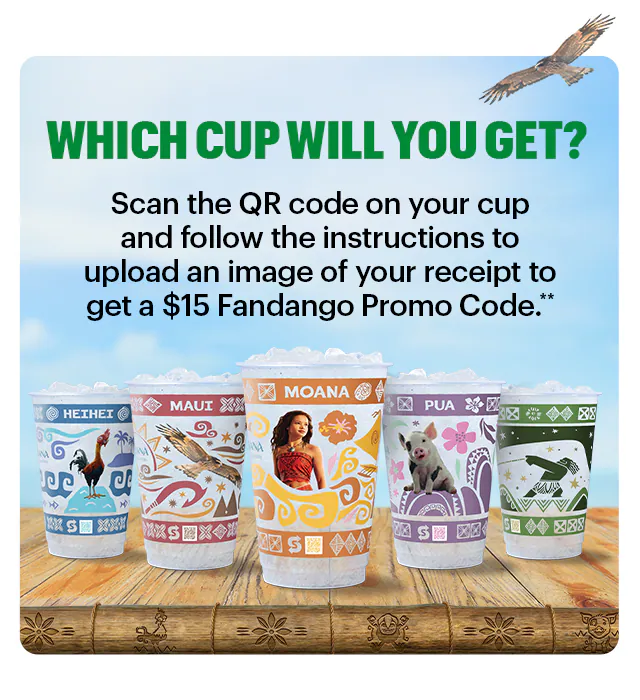 Sub Club promotional email for a Disney Moana movie meal deal showing a Subway Footlong, a bag of Simply Cheetos Puffs White Cheddar, and a themed drink cup on a table in front of a woven basket textured background. Text reads “Turn your meal into a Moana Movie Meal deal”. The offer includes a $15 Fandango promo code and a collectible cup with purchase. Additional image shows five different Moana-themed cups featuring character designs and the message “Which cup will you get?” Buttons read “Order a meal” and “Order now.”
