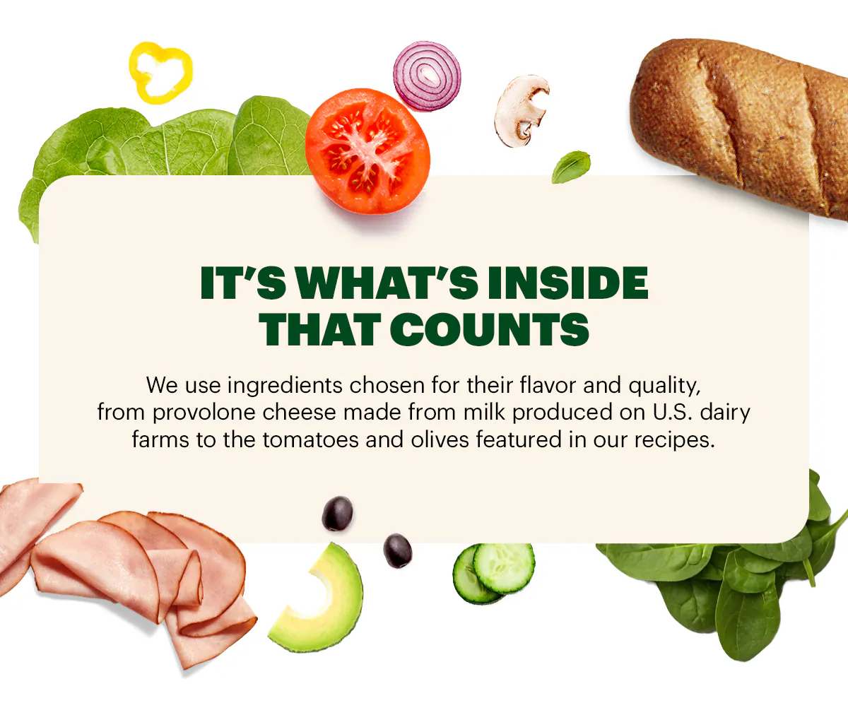 Ingredients like turkey, lettuce, spinach, tomatoes, onion, pepper, avocado, olives, cucumber, mushrooms and bread surround the text.