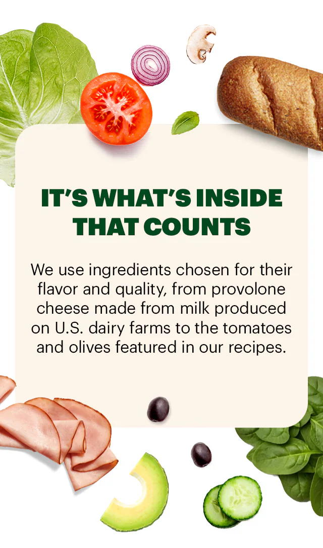 Ingredients like turkey, lettuce, spinach, tomatoes, onion, pepper, avocado, olives, cucumber, mushrooms and bread surround the text.