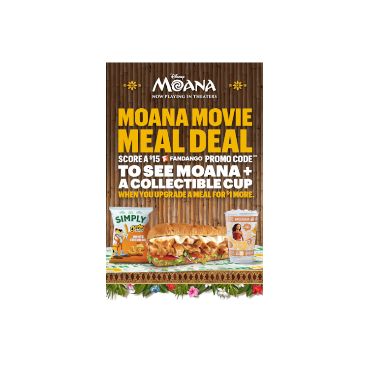 Sub Club promotional email for a Disney Moana movie meal deal showing a Subway Footlong, a bag of Simply Cheetos Puffs White Cheddar, and a themed drink cup on a table in front of a bamboo textured background. Text reads “Moana movie meal deal. Score a $15 Fandango promo code to see Moana plus a collectible cup when you upgrade a meal for $1 more.” An additional image shows five different Moana-themed cups featuring character designs and the message "Scan the QR code on your cup for details to receive a $15 Fandango promo code". The bottom section promotes the Meal of the Day with copy reading, "Fuel your adventure with our Meal of the Day". Prompting guest to get their meal deal by purchasing a 6-inch Meal of the Day. Buttons read “Order a meal” and “Make it a meal deal.”