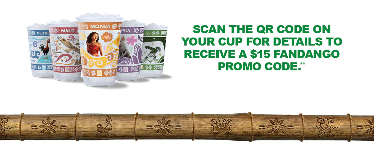 Sub Club promotional email for a Disney Moana movie meal deal showing a Subway Footlong, a bag of Simply Cheetos Puffs White Cheddar, and a themed drink cup on a table in front of a bamboo textured background. Text reads “Moana movie meal deal. Score a $15 Fandango promo code to see Moana plus a collectible cup when you upgrade a meal for $1 more.” An additional image shows five different Moana-themed cups featuring character designs and the message "Scan the QR code on your cup for details to receive a $15 Fandango promo code". The bottom section promotes the Meal of the Day with copy reading, "Fuel your adventure with our Meal of the Day". Prompting guest to get their meal deal by purchasing a 6-inch Meal of the Day. Buttons read “Order a meal” and “Make it a meal deal.”