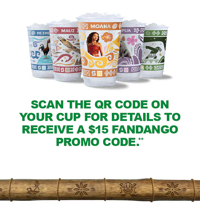 Sub Club promotional email for a Disney Moana movie meal deal showing a Subway Footlong, a bag of Simply Cheetos Puffs White Cheddar, and a themed drink cup on a table in front of a bamboo textured background. Text reads “Moana movie meal deal. Score a $15 Fandango promo code to see Moana plus a collectible cup when you upgrade a meal for $1 more.” An additional image shows five different Moana-themed cups featuring character designs and the message "Scan the QR code on your cup for details to receive a $15 Fandango promo code". The bottom section promotes the Meal of the Day with copy reading, "Fuel your adventure with our Meal of the Day". Prompting guest to get their meal deal by purchasing a 6-inch Meal of the Day. Buttons read “Order a meal” and “Make it a meal deal.”
