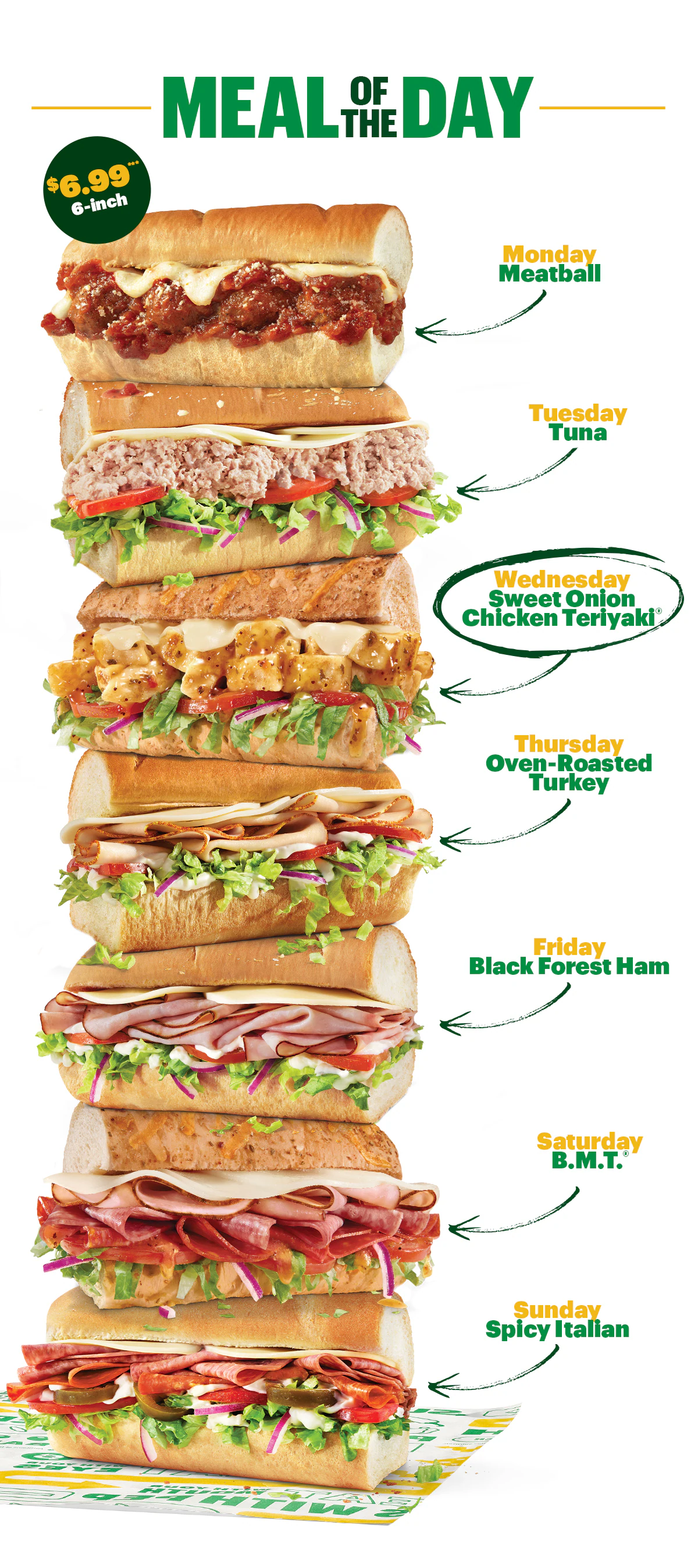 Sub Club promotional email for a Disney Moana movie meal deal showing a Subway Footlong, a bag of Simply Cheetos Puffs White Cheddar, and a themed drink cup on a table in front of a bamboo textured background. Text reads “Moana movie meal deal. Score a $15 Fandango promo code to see Moana plus a collectible cup when you upgrade a meal for $1 more.” An additional image shows five different Moana-themed cups featuring character designs and the message "Scan the QR code on your cup for details to receive a $15 Fandango promo code". The bottom section promotes the Meal of the Day with copy reading, "Fuel your adventure with our Meal of the Day". Prompting guest to get their meal deal by purchasing a 6-inch Meal of the Day. Buttons read “Order a meal” and “Make it a meal deal.”