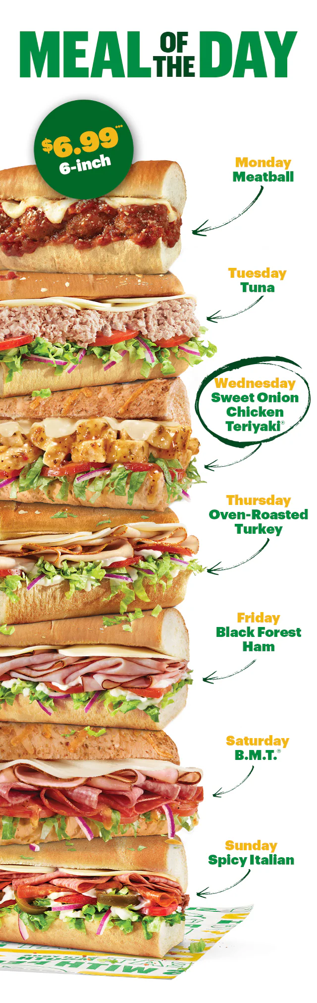 Sub Club promotional email for a Disney Moana movie meal deal showing a Subway Footlong, a bag of Simply Cheetos Puffs White Cheddar, and a themed drink cup on a table in front of a bamboo textured background. Text reads “Moana movie meal deal. Score a $15 Fandango promo code to see Moana plus a collectible cup when you upgrade a meal for $1 more.” An additional image shows five different Moana-themed cups featuring character designs and the message "Scan the QR code on your cup for details to receive a $15 Fandango promo code". The bottom section promotes the Meal of the Day with copy reading, "Fuel your adventure with our Meal of the Day". Prompting guest to get their meal deal by purchasing a 6-inch Meal of the Day. Buttons read “Order a meal” and “Make it a meal deal.”