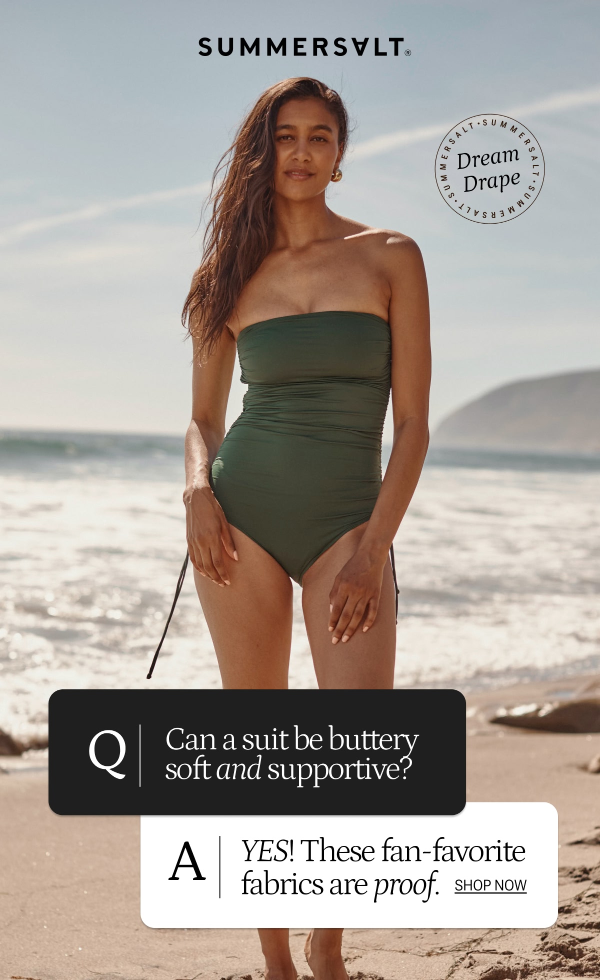Model in DreamDrape olive green one piece swimsuit