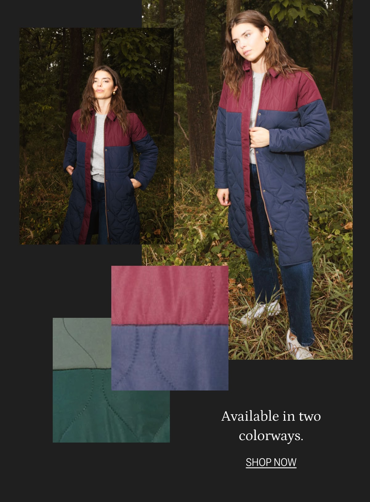 Model in navy blue and red quilted coat