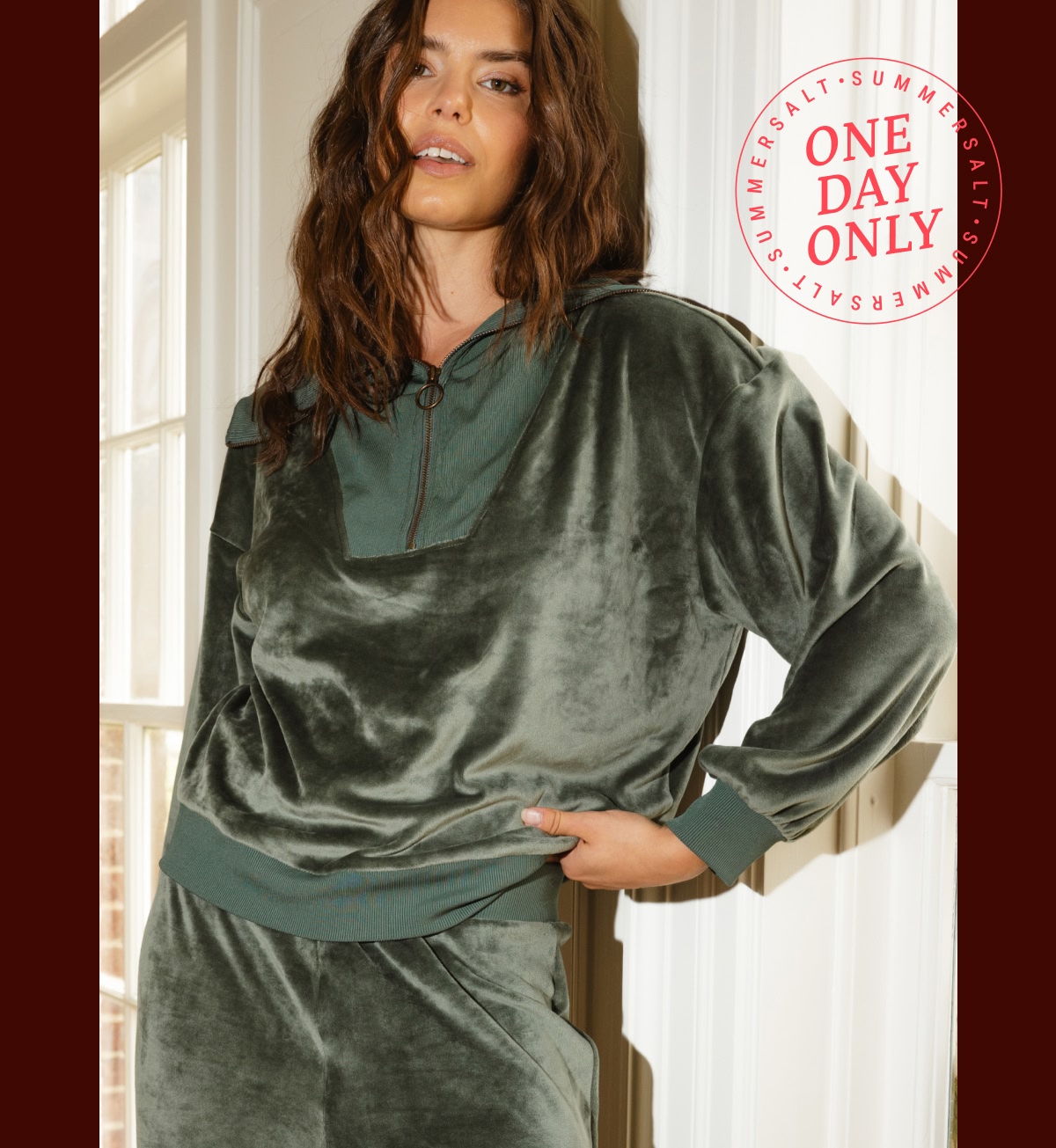 Model in olive green velour set
