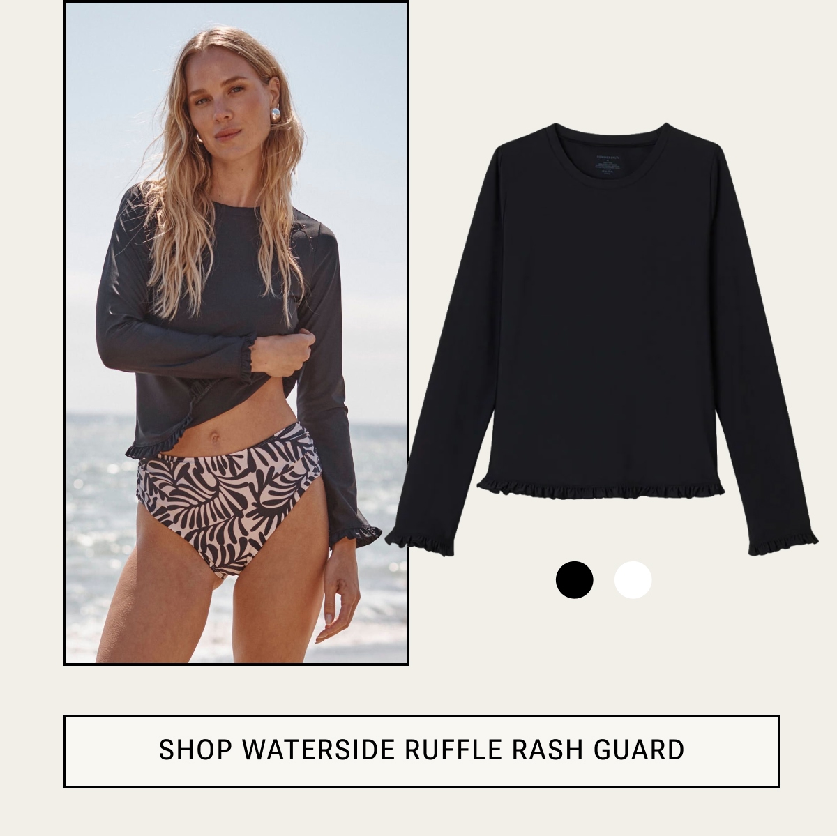 Model in black rash guard and printed bikini bottoms