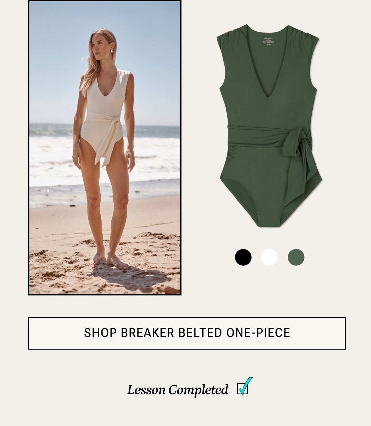 Model in white belted one piece swimsuit