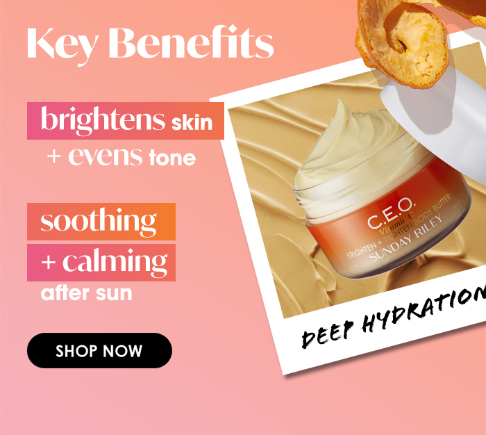 Key Benefits: brightens skin + even tone, soothing + calming after sun