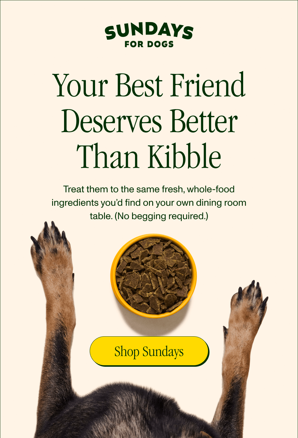 Your Best Friend Deserves Better Than Kibble   Treat them to the same fresh, whole-food ingredients you’d find on your own dining room table. (No begging required.)  [Shop Sundays]