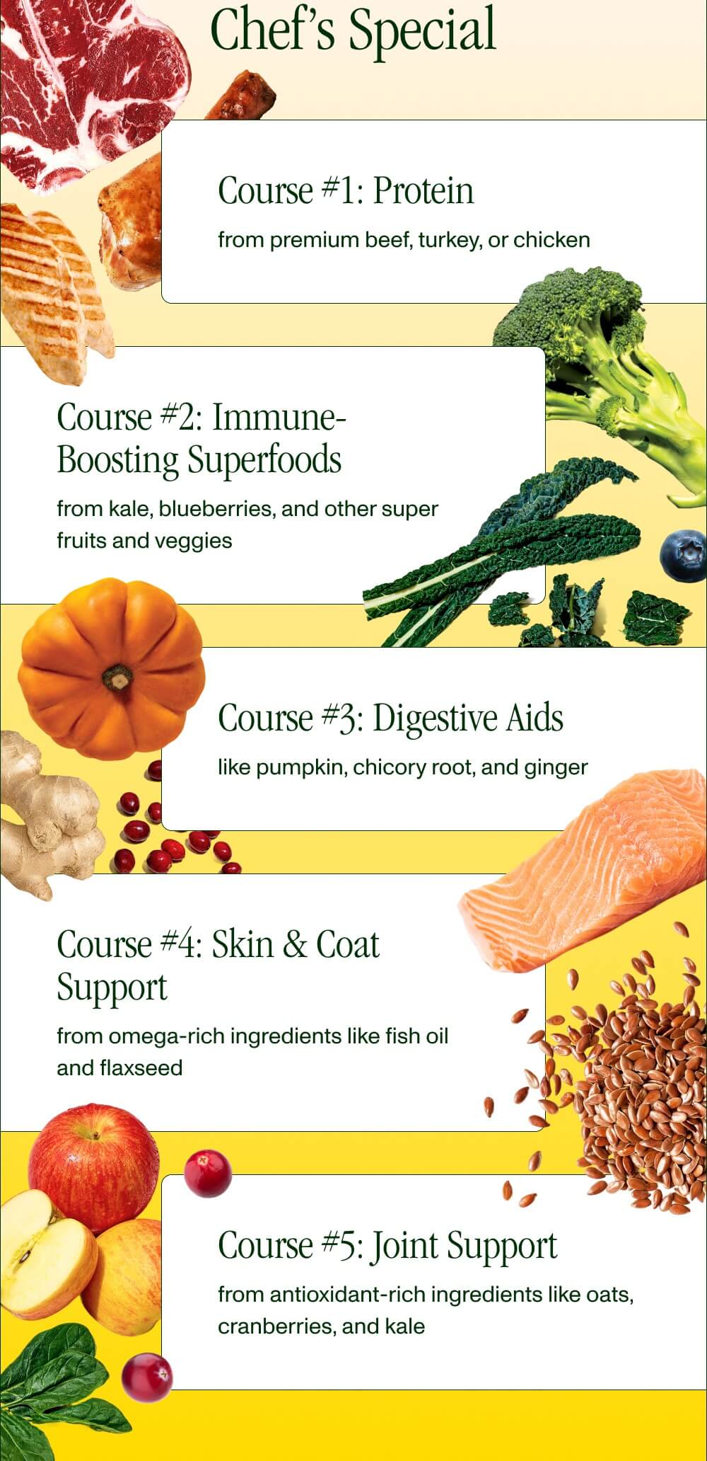 CHEF’S SPECIAL  Course #1: Protein from premium beef, turkey, or chicken  Course #2: Immune-Boosting Superfoods from kale, blueberries, and other super fruits and veggies  Course #3: Digestive Aids like pumpkin, chicory root, and ginger  Course #4: Skin & Coat Support from omega-rich ingredients like fish oil and flaxseed  Course 5: Joint Support  from antioxidant-rich ingredients like oats, cranberries, and kale