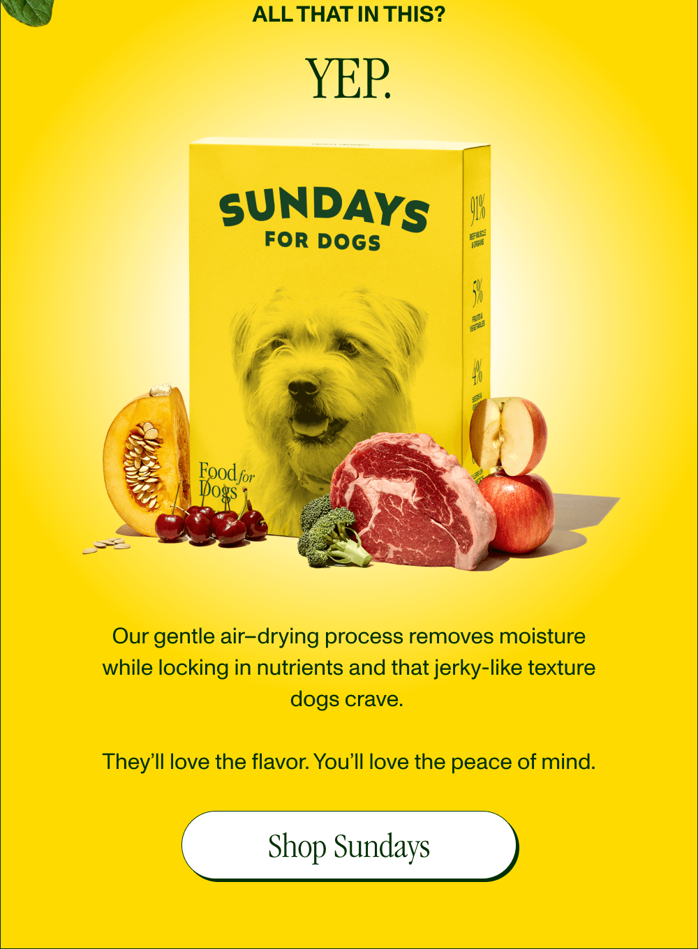 ALL THAT in THIS?  YEP.   Our gentle air–drying process removes moisture while locking in nutrients and that jerky-like texture dogs crave.   They’ll love the flavor. You’ll love the peace of mind.  [Shop Sundays]