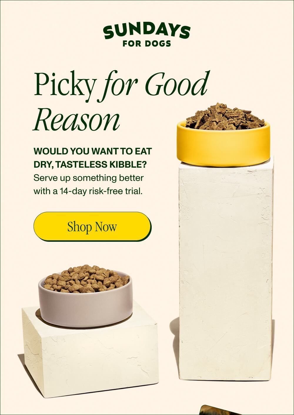 Picky for Good Reason Would YOU want to eat dry, tasteless kibble?  Serve up something better with a risk-free, 14-day trial.  [Shop Now]