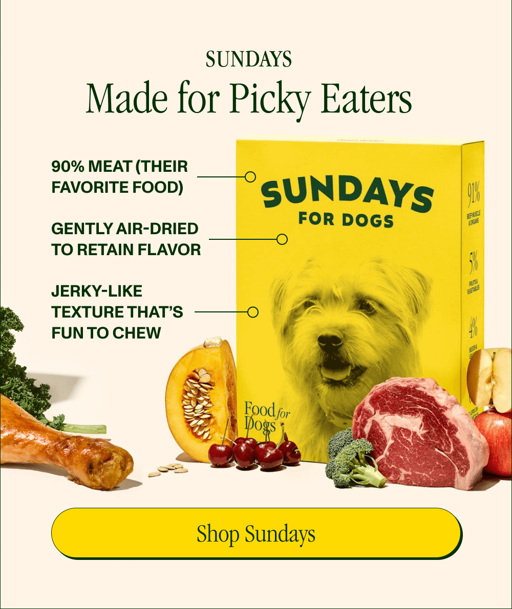 SUNDAYS Made for Picky Eaters   -image w/ callouts-  90% meat (their favorite food) Gently air-dried to retain flavor  Jerky-like texture that’s fun to chew   [Shop Sundays]