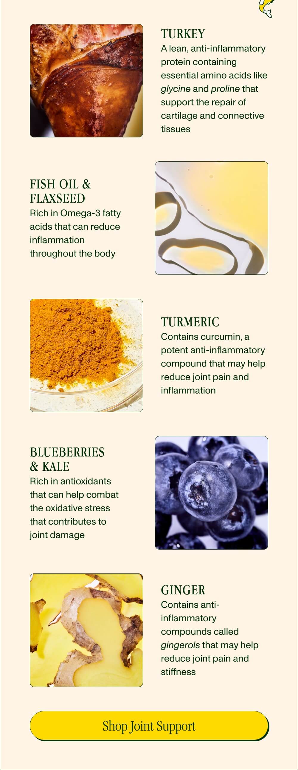Turkey A lean, anti-inflammatory protein containing essential amino acids like glycine and proline that support the repair of cartilage and connective tissues  Fish Oil & Flaxseed  Rich in Omega-3 fatty acids that can reduce inflammation throughout the body  Turmeric  Contains curcumin, a potent anti-inflammatory compound that may help reduce joint pain and inflammation  Blueberries & Kale Rich in antioxidants that can help combat the oxidative stress that contributes to joint damage  Ginger Contains anti-inflammatory compounds called gingerols that may help reduce joint pain and stiffness  [Shop Joint Support]