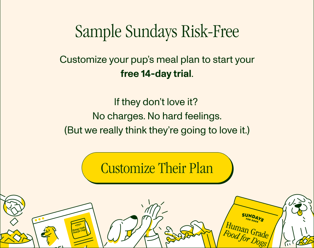 Sample Sundays Risk-Free Customize your pup’s meal plan to start your free 14-day trial.  If they don't love it?  No charges. No hard feelings.  (But we really think they're going to love it) [ Customize Their Plan ]