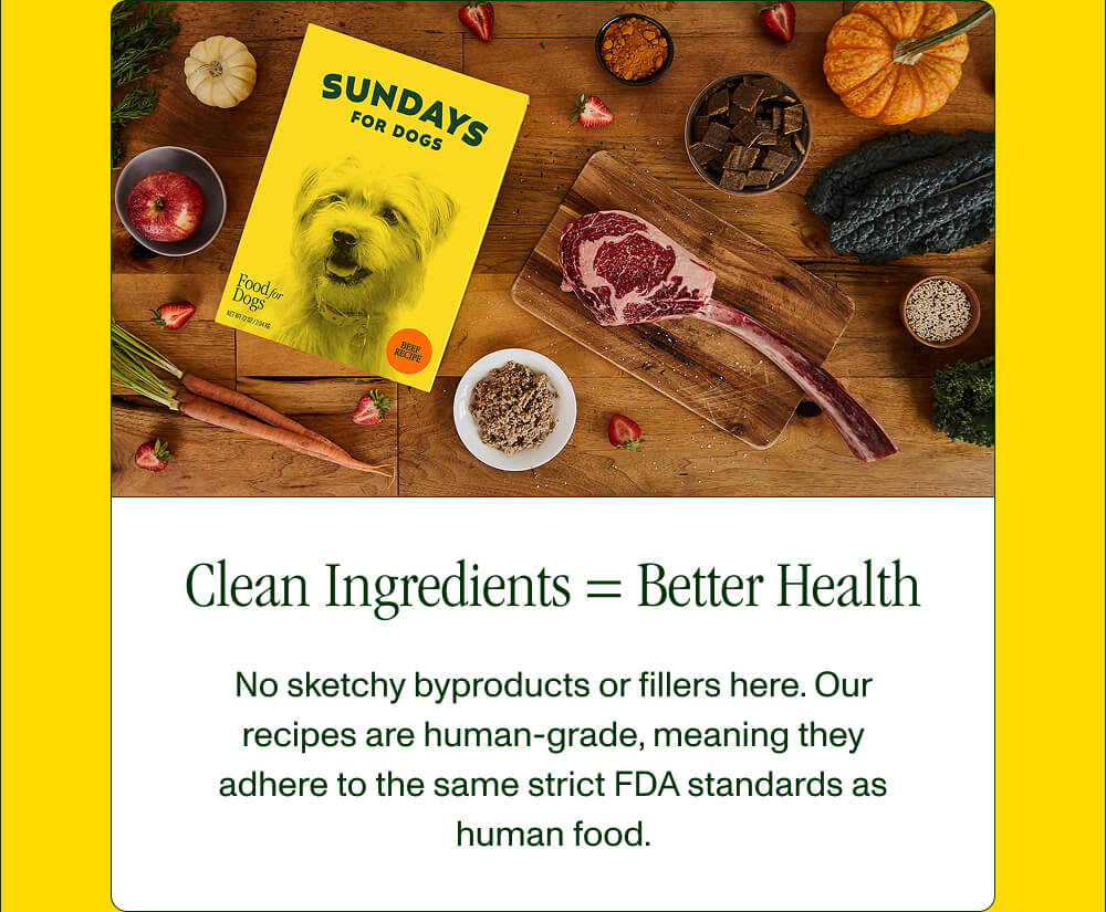 Clean Ingredients = Better Health No sketchy byproducts or fillers here. Our recipes are human-grade, meaning they adhere to the same strict FDA standards as human food. 