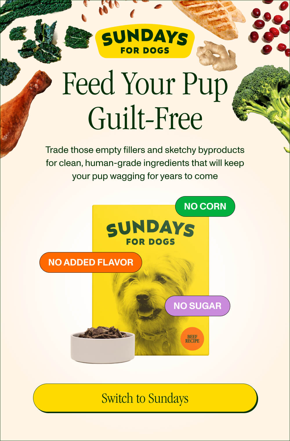 Feed Your Pup Guilt-Free   Trade those empty fillers and sketchy byproducts for clean, human-grade ingredients that will keep your pup wagging for years to come No sugar No corn No added flavor  [Switch to Sundays]