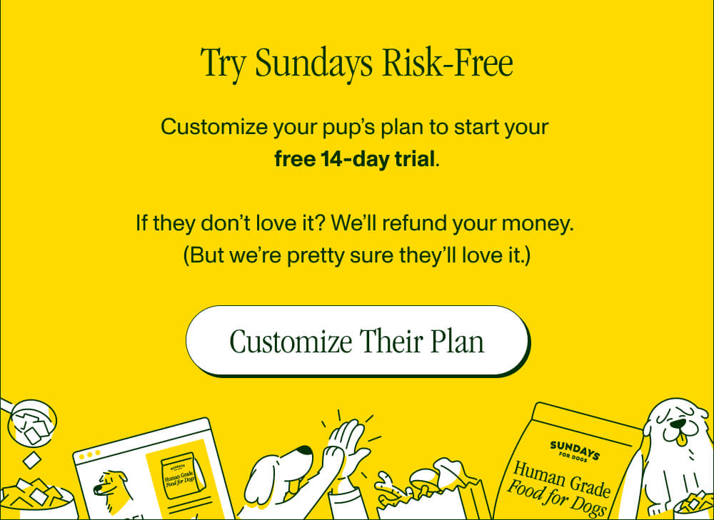 Try Sundays Risk-Free  Customize your pup’s plan to start your 14-day risk-free trial.   If they don’t love it?  We’ll refund your money.   (But we’re pretty sure they’ll love it.)  [Customize Their Plan]