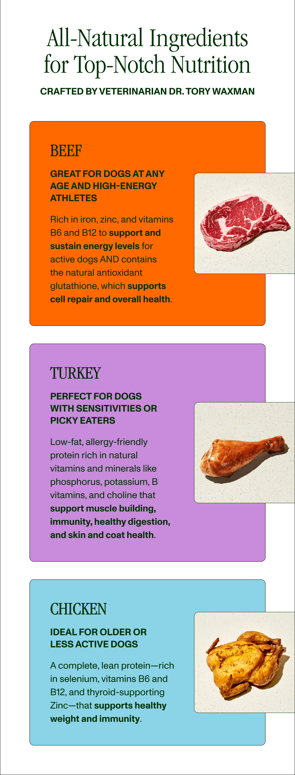 All-Natural Ingredients ⎸ Top-Notch Nutrition Crafted by veterinarian Dr. Tory Waxman       GREATFORDOGSATANY AGE AND HIGH-ENERGY ATHLETES Rich in iron, zinc, and vitamins B6 and B12 to support and sustain energy levels for active dogs AND contains the natural antioxidant glutathione, which supports cell repair and overall health.      TURKEY  PERFECT FOR DOGS WITH SENSITIVITIES OR PICKY EATERS  Low-fat, allergy-friendly protein rich in natural vitamins and minerals like phosphorus, potassium, B vitamins, and choline that support muscle building, immunity, healthy digestion, and skin and coat health.        CHICKEN  IDEAL FOR OLDER OR  LESS ACTIVE DOGS  A complete, lean protein—rich in selenium, vitamins B6 and B12, and thyroid-supporting Zinc—that supports healthy weight and immunity.