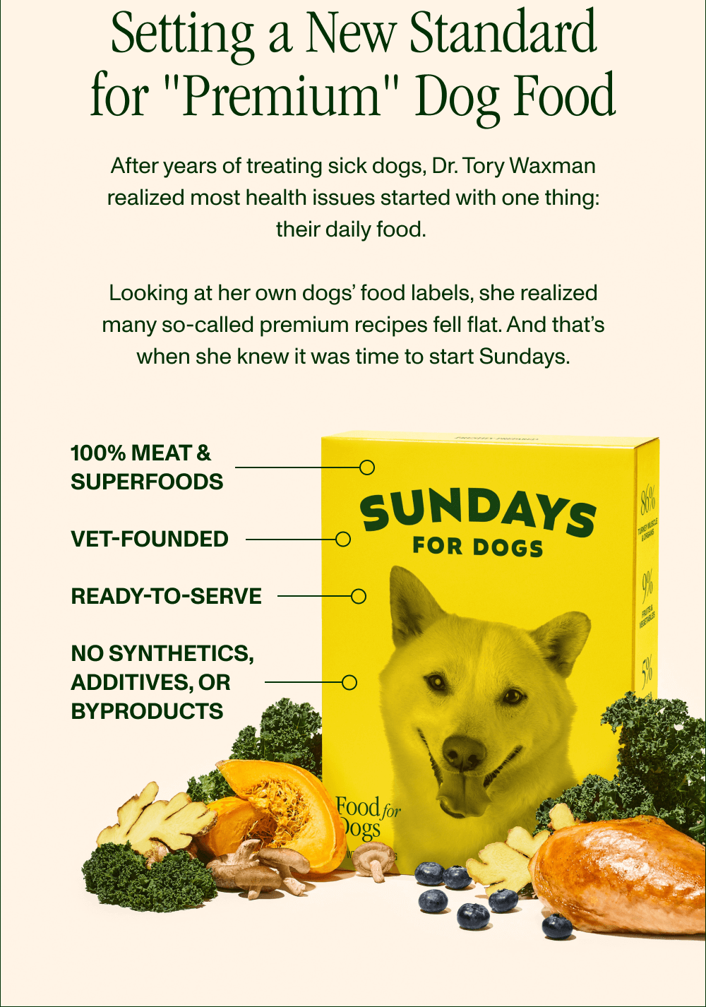 Is “premium” really premium?  After years of treating sick dogs, Dr. Tory Waxman realized most health issues started with one thing: their daily food.   Looking at her own dogs’ food labels, she realized even “premium” recipes fell flat. And that’s when she knew it was time to start Sundays.  -image w/ callouts- 100% meat & superfoods Vet-founded  Ready-to-serve No synthetics, additives, or byproducts