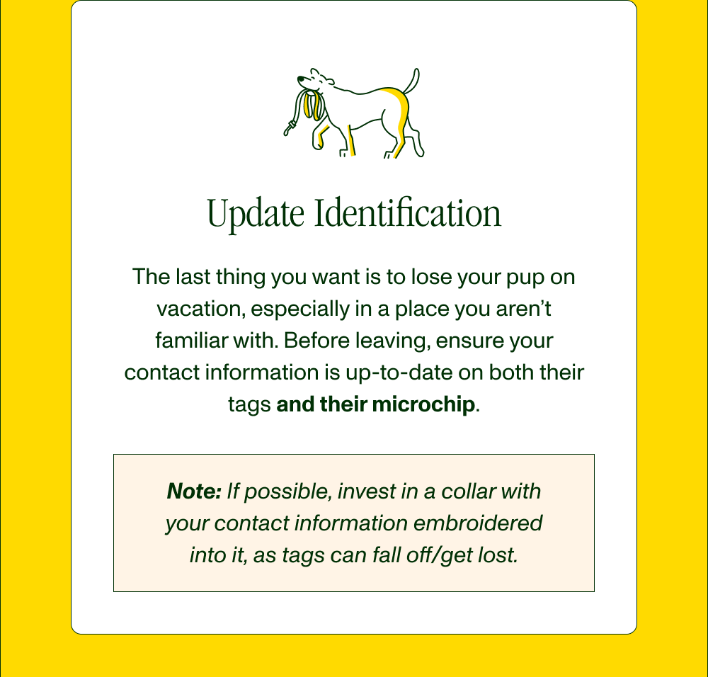 Update Identification  The last thing you want is to lose your pup on vacation, especially in a place you aren’t familiar with. Before leaving, ensure your contact information is up-to-date on both their tags and their microchip.  Note: If possible, invest in a collar with your contact information embroidered into it, as tags can fall off/get lost.