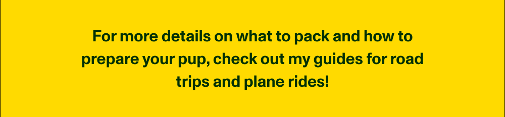 For more details on what to pack and how to prepare your pup, check out my guides for road trips and plane rides! ↴