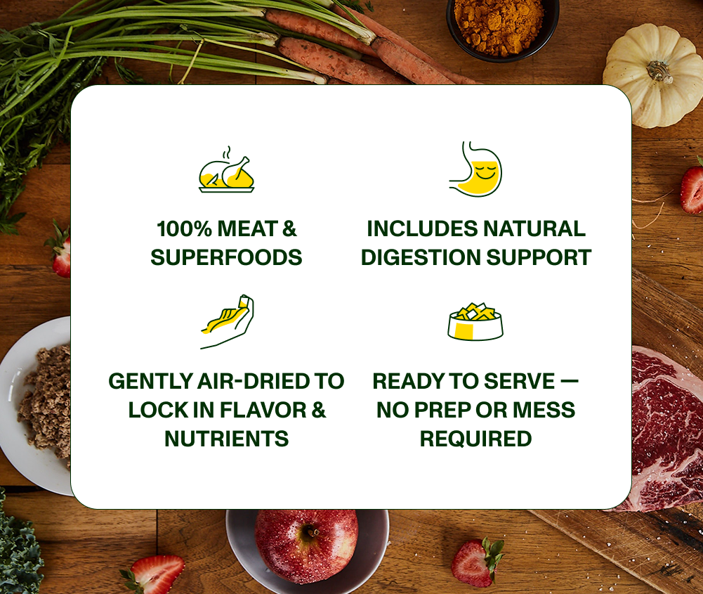 100$ meat ^ superfoods, includes natural digestion support, gently air-dried to lock in flavor, ready to serve