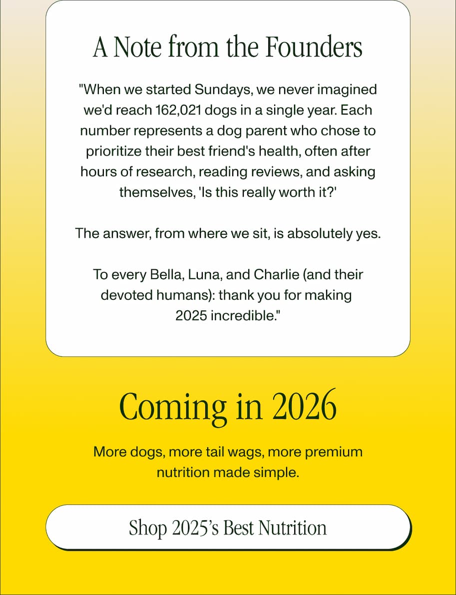 A Note from the Founders "When we started Sundays, we never imagined we'd reach 162,021 dogs in a...