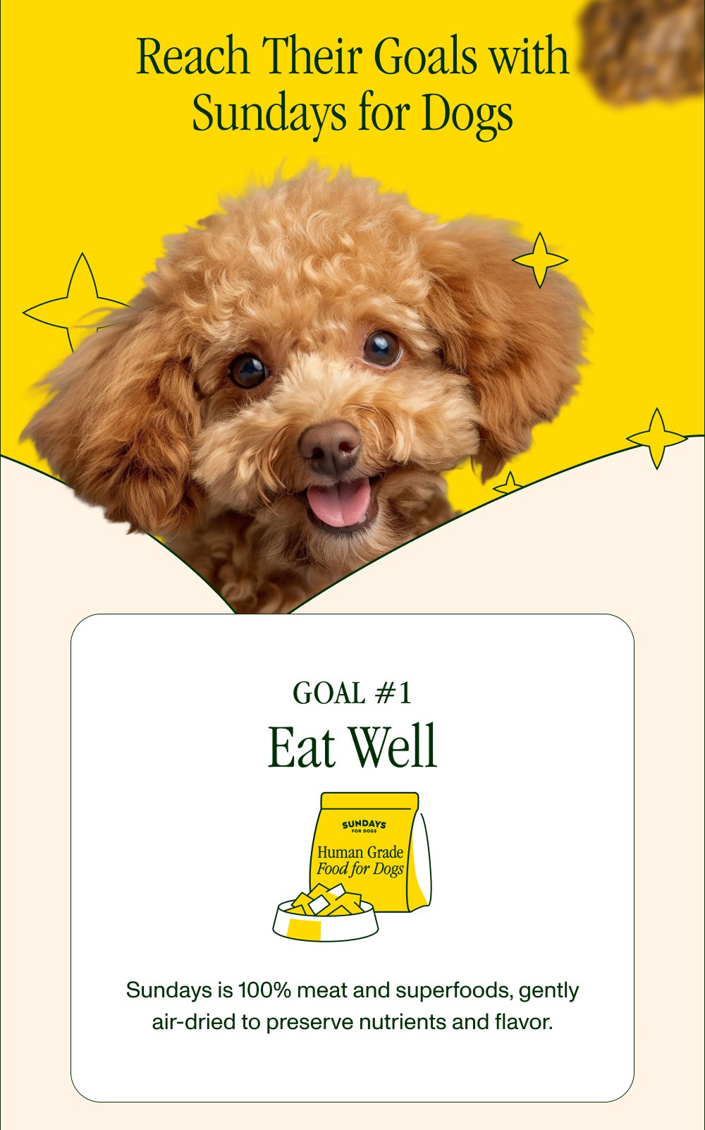 Reach Their Goals with Sundays for Dogs GOAL #1 Eat Well Sundays is 100% meat and superfoods, gen...