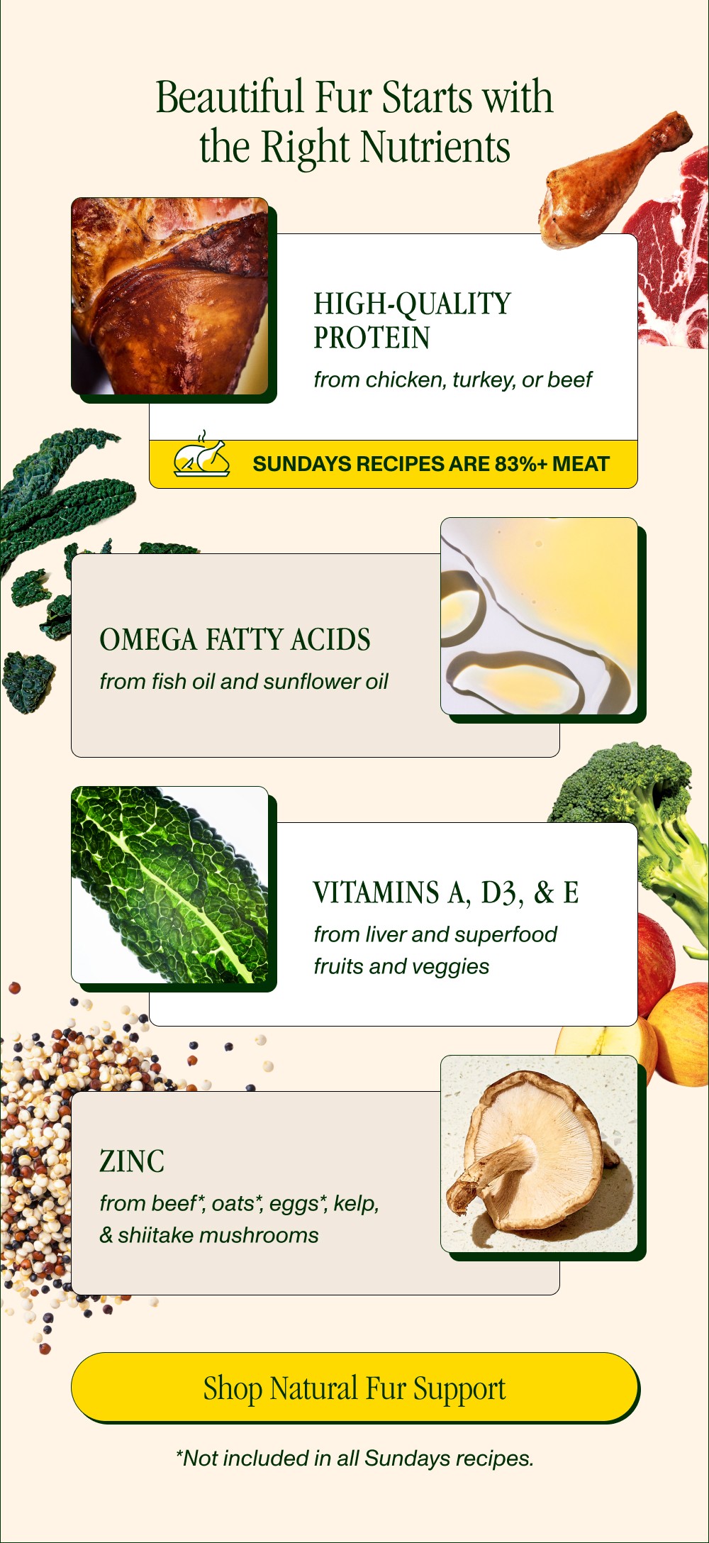 Beautiful Fur Starts with the Right Nutrients High-Quality Protein from chicken, turkey, or beef Sundays Recipes Are 83%+ Meat Omega Fatty Acids...