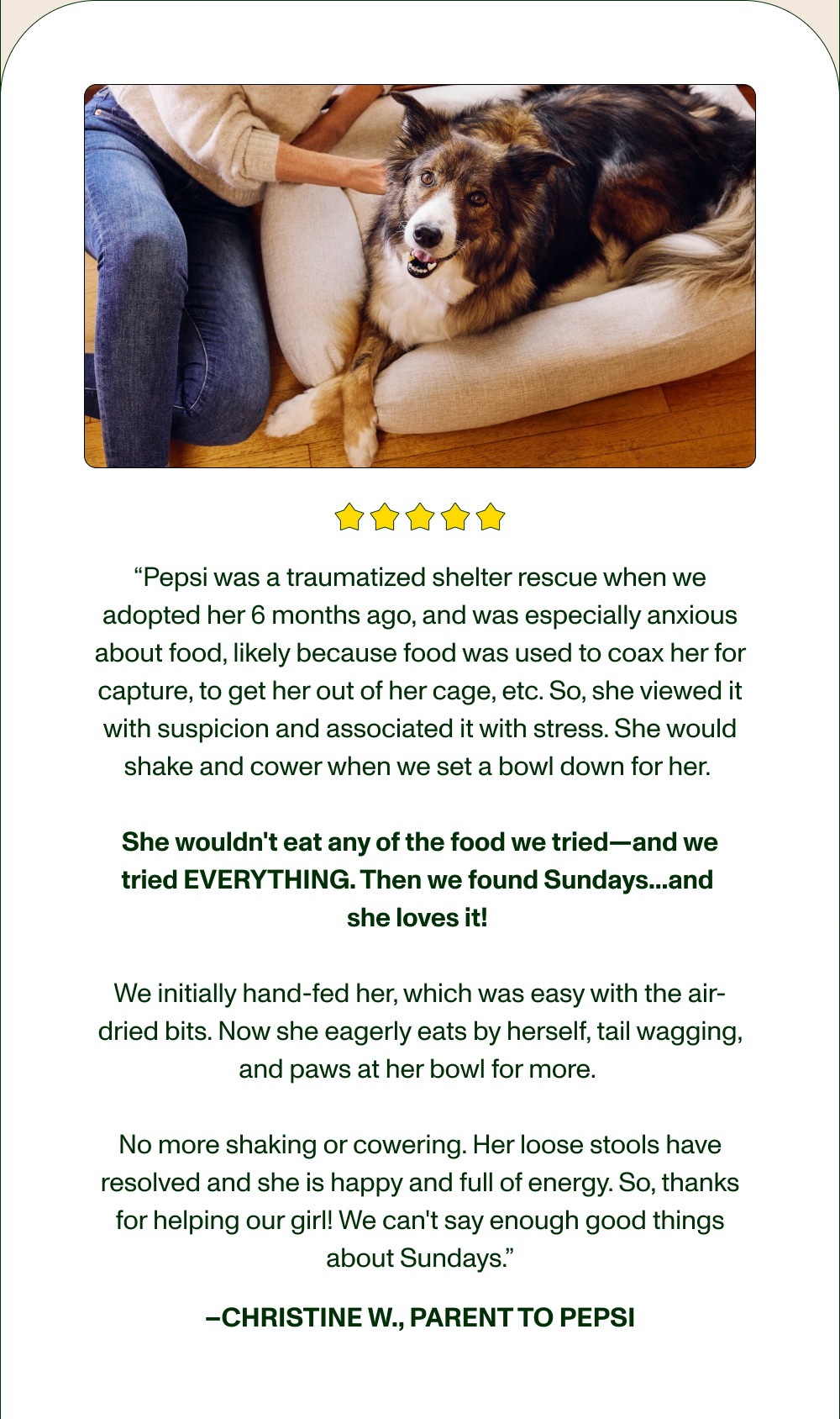 “Pepsi was a traumatized shelter rescue when we adopted her 6 months ago, and was especially anxious about food, likely because food was used to...